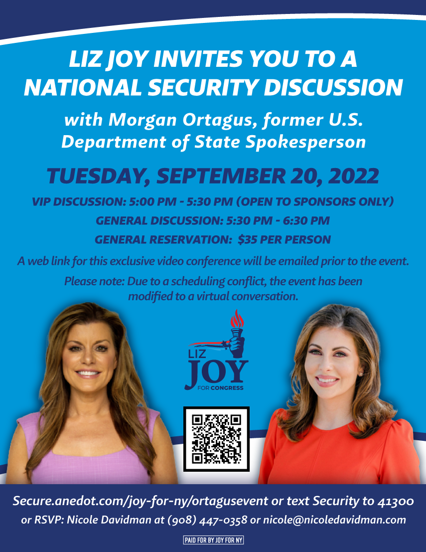 Liz Joy invites you to a national security discussion with Morgan Ortagus former US Department of State Spokesperson